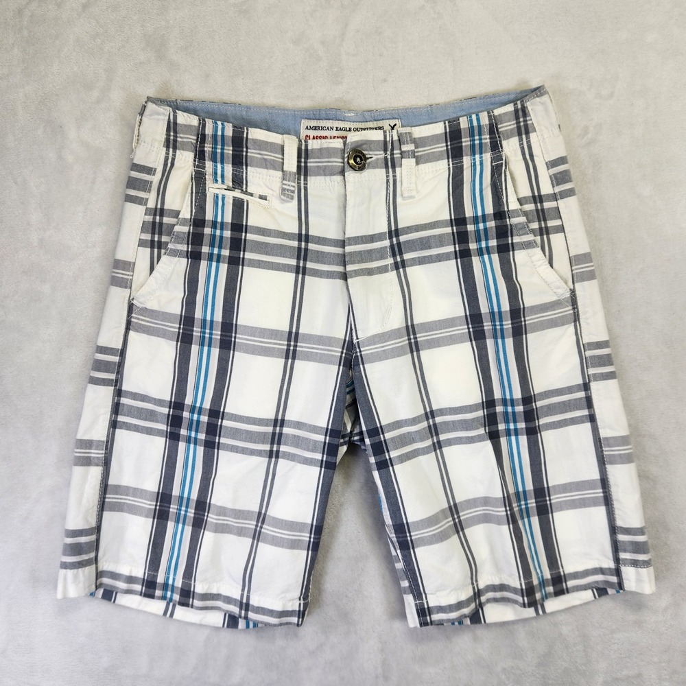 American Eagle Mens Plaid Classic Length Shorts White Blue Grey Size 28